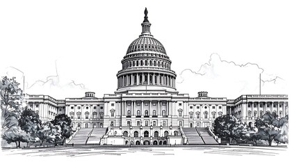 Sketch of a capitol building with a large dome and wide steps, set against a simple background of trees and sky