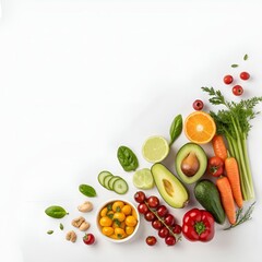 Colorful Fresh Fruits and Vegetables on White Background – Healthy Food Concept.