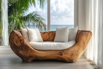 Handcrafted unique loveseat sofa made from tree trunk or tree root ball, positioned near a window. Minimalist home interior design for a modern living room, Generative AI