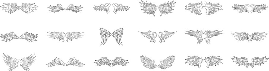 Symmetrical angel and demon black wings vector set for fantasy illustrations digital art graphic design and tattoo art and use to design vector bundle set.