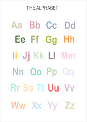 Colorful pastel alphabet chart with uppercase and lowercase letters. Ideal for preschool, kindergarten, homeschooling, classroom decoration, and early childhood education materials.