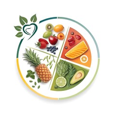 Colorful Healthy Food Chart with Fruits, Vegetables, Fish and Herbs – Balanced Diet Nutrition Wheel Design.