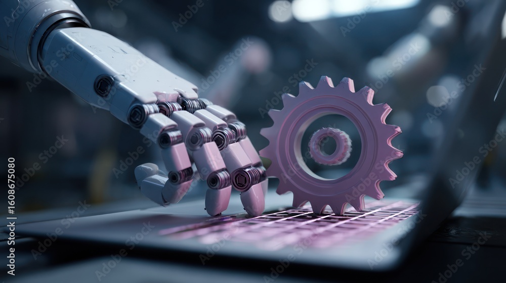 Poster robotic hand manipulating a gear on laptop keyboard in a workshop setting