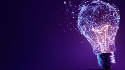 A futuristic lightbulb design with connected particles against a dark purple background