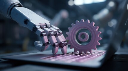 Fototapeta premium Robotic hand manipulating a gear on laptop keyboard in a workshop setting