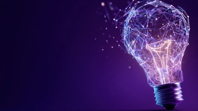 A futuristic lightbulb design with connected particles against a dark purple background