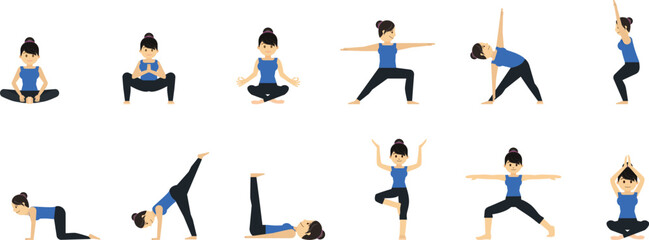 woman in various yoga poses against a white background in a grid layout vector bundle set.