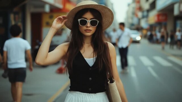 A girl wearing denim overalls and glasses walks along streets of barcelona. Happy youg tourist. Hand on her cap.