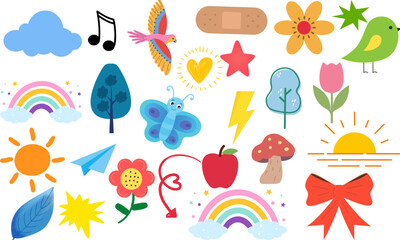 Crayon drawn kid doodle collection. Colorful childish elements like clouds, flowers, bows, rainbows and sun.Naive vector illustrations. Crayon drawn kid drawings .Adorable girly doodle collection
