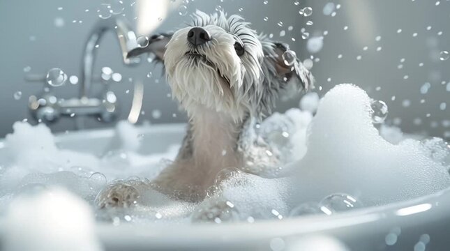 Happy shnauzer. in the bathtub with soap foam.