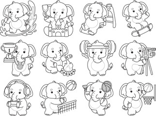 Obraz premium Cute Elephant icon. Funny baby Elephant animal series stock illustration. Life of fluffy Elephant designs. Coloring pages of Funny baby Elephant.