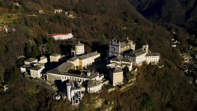 Aerial view with drone Basilica of Saint Maria Assunta Sacro Monte of Varallo province of Vercelli