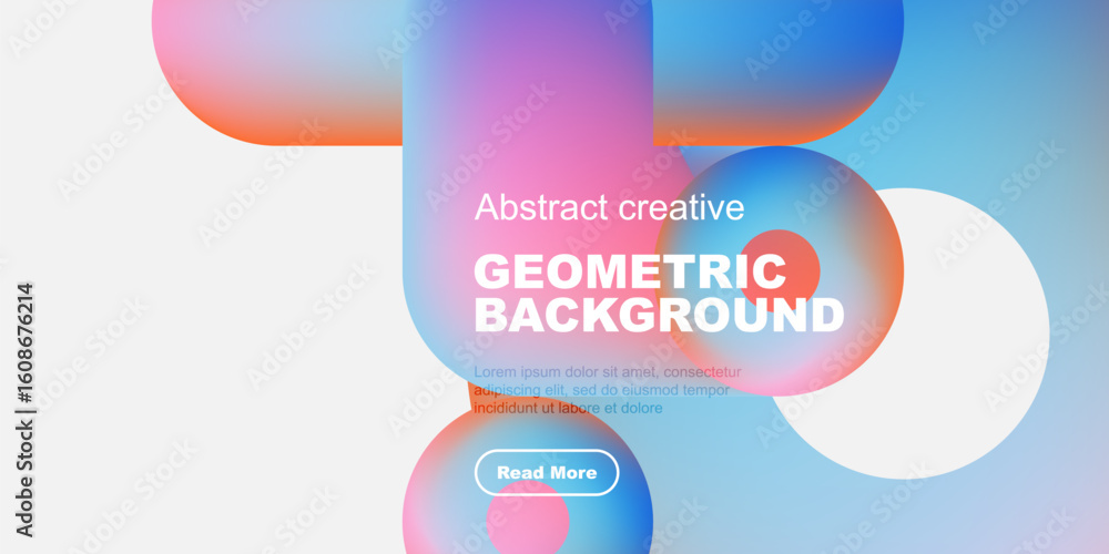 Poster vibrant abstract shapes overlap, creating dynamic geometric background. text promotes further explor