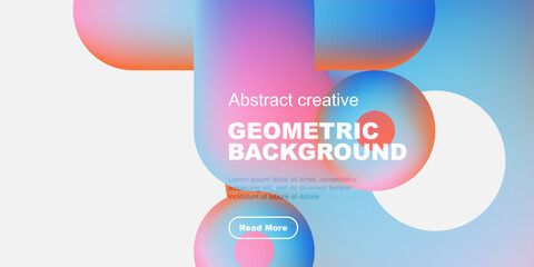 Vibrant abstract shapes overlap, creating dynamic geometric background. Text promotes further exploration. Modern design elements present.