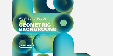 Abstract geometric shapes, vibrant colors, modern design. Text overlay includes geometric background, plus sample text, button. Minimalist aesthetic.