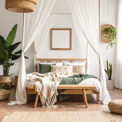 Sunlit Bohemian Sanctuary with Canopy Bed, Natural Textures, and Mockup Frame