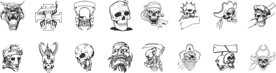 Skull Tattoo decor elements symbols bundle set. Tribal skulls set.