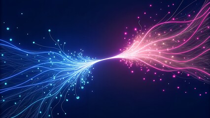 Naklejka premium A vibrant abstract digital artwork depicts a dynamic fusion of blue and pink energy streams