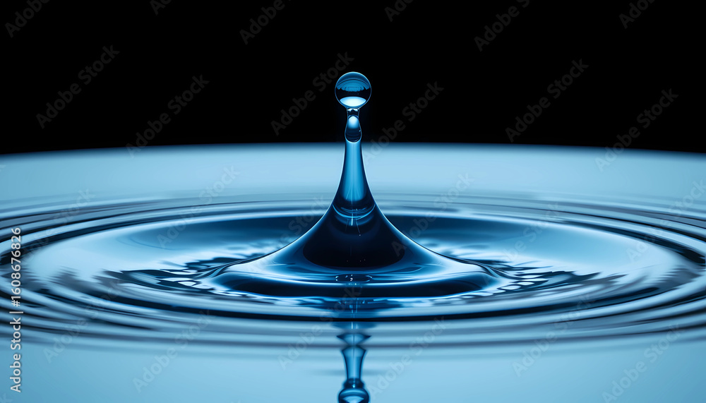 Poster a captivating image of a water droplet impacting a calm surface creating ripples on a dark backgroun