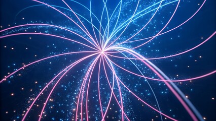 Obraz premium A vibrant explosion of glowing pink and blue energy lines on a dark digital background