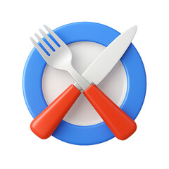 White plate with blue rim and crossed cutlery isolated on transparent background