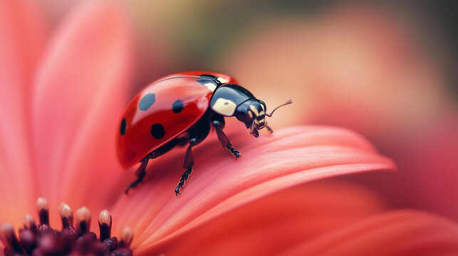 Ladybug on flower macro closeup. Beautiful ladybug on leaf defocused background