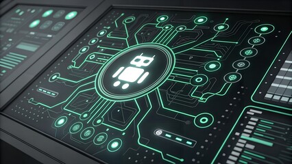 Fototapeta premium Sleek AI control panel with a glowing robot icon on a futuristic digital interface