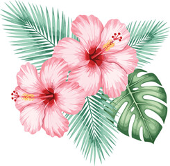 Pink hibiscus flowers with red centers and green tropical leaves, exotic botanical vector illustration for summer, nature, and decoration