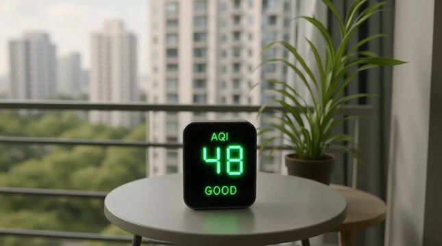 AQI digital air quality monitor showing good rating on modern apartment balcony with city view and green plant promoting healthy living