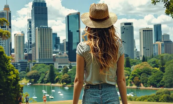 Woman enjoying scenic city view wearing hat. This image features woman, hat, city and other related elements. Additional details about the subject can be found.