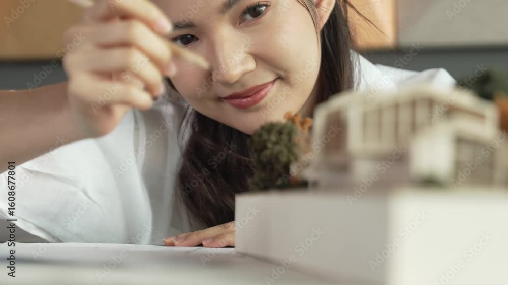 Poster closeup of young beautiful architect engineer drawing blueprint while looking at architectural model