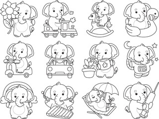 Fototapeta premium Cute Elephant icon. Funny baby Elephant animal series stock illustration. Life of fluffy Elephant designs. Coloring pages of Funny baby Elephant.
