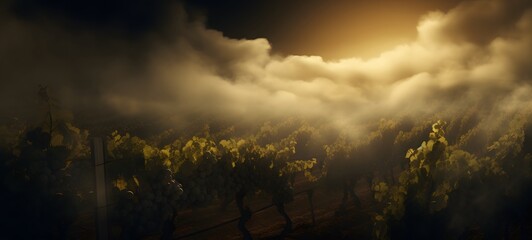 a light Vineyard , coming out of the smoke , generative AI