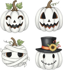 White Halloween pumpkins styled as jack-o'-lantern, mummy, and scarecrow with stitched faces, top hat, and festive autumn decorations
