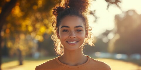 Portrait of a smiling young woman jogging in a city park early in the morning, showcasing an active and healthy lifestyle, Generative AI