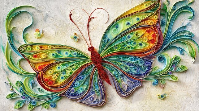Colorful Butterfly Quilling Artwork with Vibrant Paper Wings and Intricate Patterns on Textured Background, Photorealistic Craft