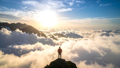 Solitary figure on a mountain peak, overlooking a sea of clouds at sunset