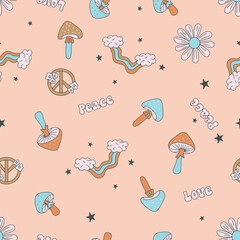 Playful retro-themed seamless pattern featuring whimsical mushrooms, rainbows, daisies, stars, and peace and love typography in soothing pastel hues