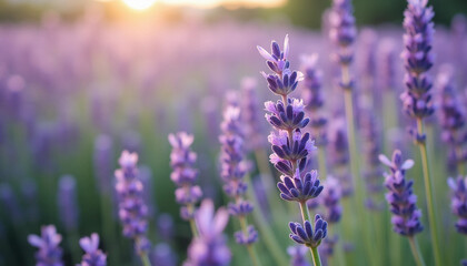 Gentle close-up of purple flowers in sunlight: Serenity and vitality of an early summer field