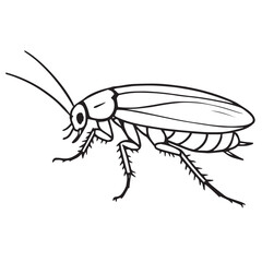 A minimalist cockroach vector designed in black and white, surrounded by thick black outlines, clearly illustrating its long body, feelers, and spiny legs.

