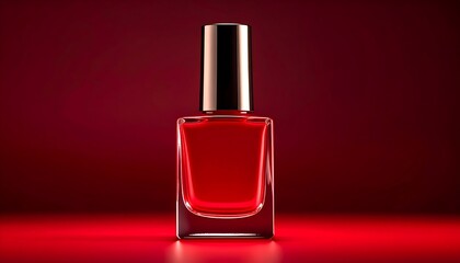 Square bottle of vibrant red nail polish against a deep red background, subtly reflecting light