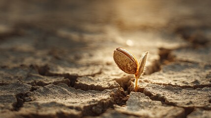 Obraz premium A resilient seedling emerges from dry, cracked earth, symbolizing hope and renewal in a harsh environment.