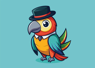 Charming Parrot Wearing Bowler Hat Retro Vector Mascot with Colorful Feathers and Clean Design 