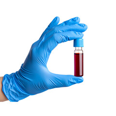 Blue-gloved hand gripping blood sample vial, preparing for medical laboratory testing against transparent backdrop