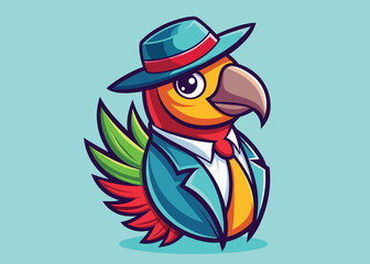 Charming Parrot Wearing Tilted Fedora Clean Vector Illustration with Bright Feathers and Retro Flair Design 