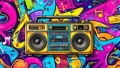 Retro boombox against a vibrant graffiti background