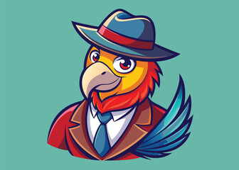 Charming Parrot Wearing Tilted Fedora Clean Vector Illustration with Bright Feathers and Retro Flair Design 
