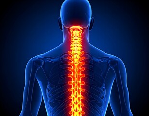 Posterior view of human anatomy highlighting the cervical and thoracic spine