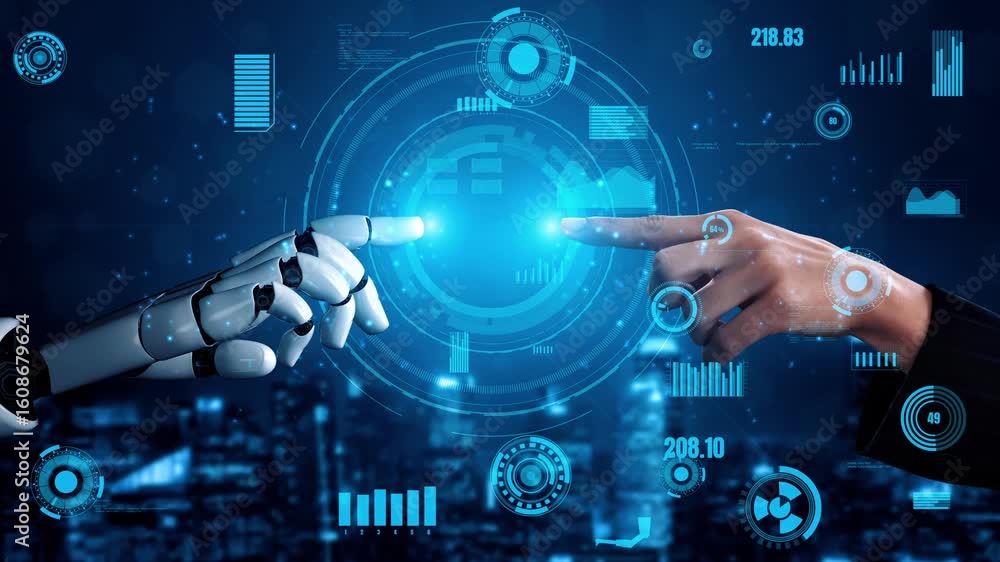 Poster a striking image illustrating the connection between human and robotic hands, set against a digital 