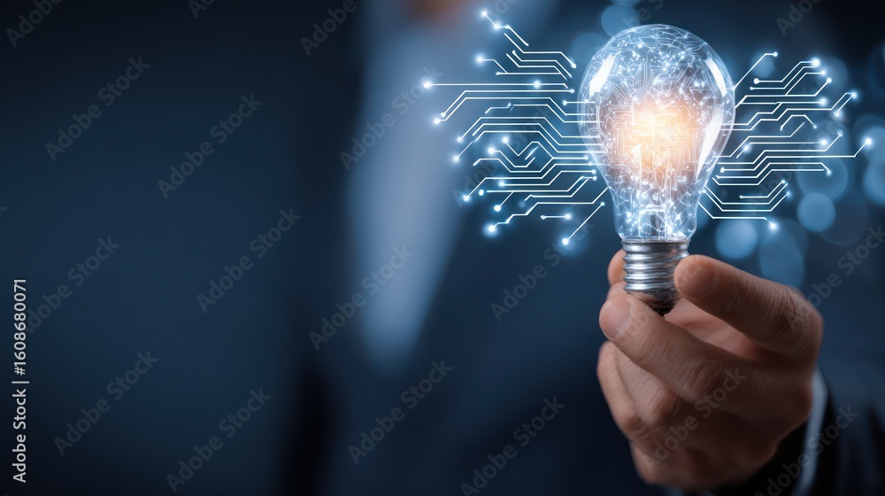Poster a hand holds a glowing light bulb with circuit patterns, representing innovation